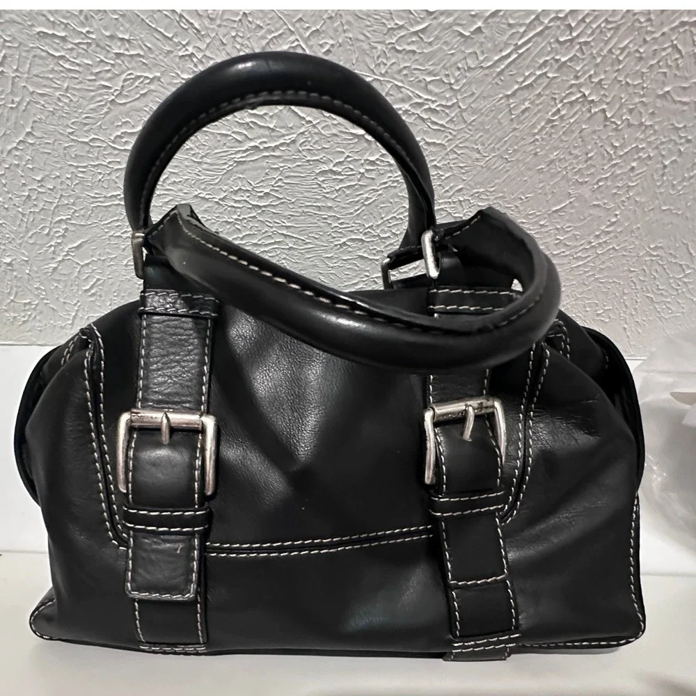 Michael Michael‎ Kors Black Leather Satchel Bag Contrast Stitch Buckle Detail